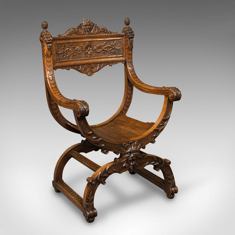 Antique Savonarola Armchair, English, Gothic Revival, James Shoolbred, Victorian