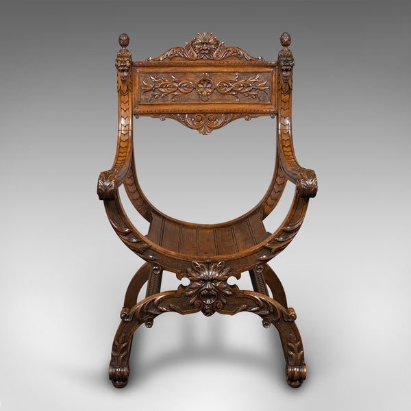 Antique Savonarola Armchair, English, Gothic Revival, James Shoolbred, Victorian