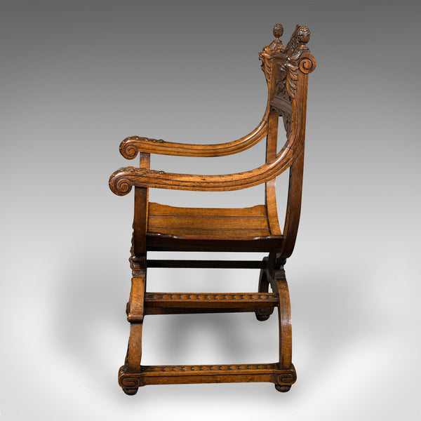 Antique Savonarola Armchair, English, Gothic Revival, James Shoolbred, Victorian