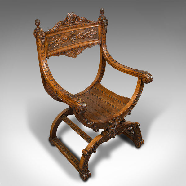 Antique Savonarola Armchair, English, Gothic Revival, James Shoolbred, Victorian