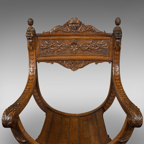 Antique Savonarola Armchair, English, Gothic Revival, James Shoolbred, Victorian