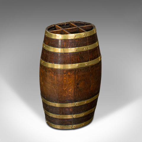 Antique Coppered Stick Stand, English Oak, Brass, Oval Barrel, Victorian, C.1850