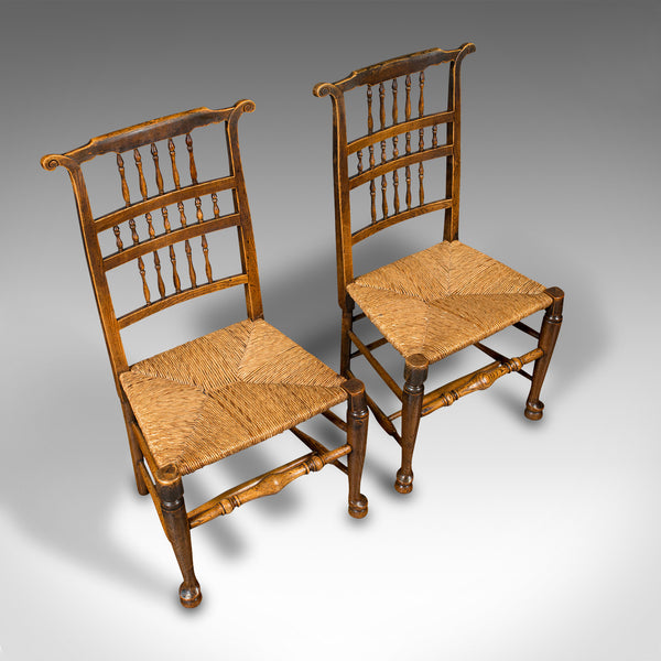 Pair Of Antique Spindleback Rush Chairs, English, Hall, Lancashire, Victorian