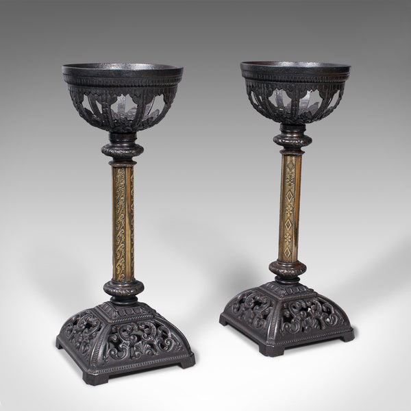 Pair Of Antique Candlesticks, English, Iron, Brass, Gothic Revival, Victorian