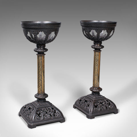 Pair Of Antique Candlesticks, English, Iron, Brass, Gothic Revival, Victorian