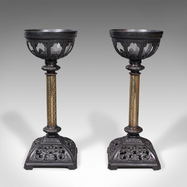 Pair Of Antique Candlesticks, English, Iron, Brass, Gothic Revival, Victorian