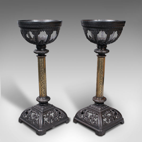 Pair Of Antique Candlesticks, English, Iron, Brass, Gothic Revival, Victorian