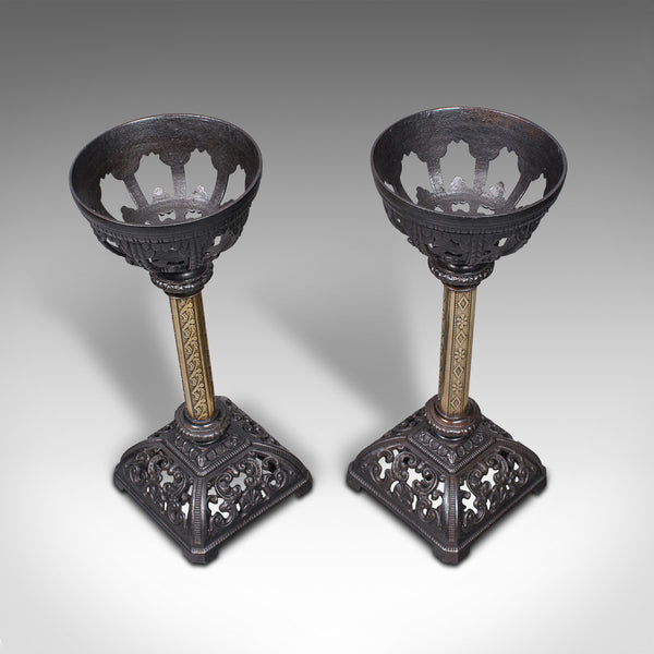 Pair Of Antique Candlesticks, English, Iron, Brass, Gothic Revival, Victorian