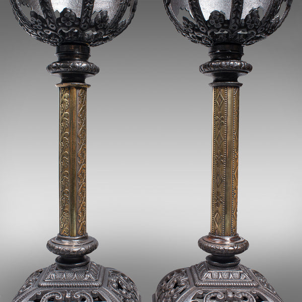 Pair Of Antique Candlesticks, English, Iron, Brass, Gothic Revival, Victorian