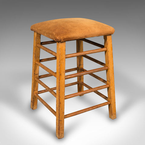 Large Vintage Artist's Stool, English, Pitch Pine, Suede, Gym, Lab Seat, C.1960