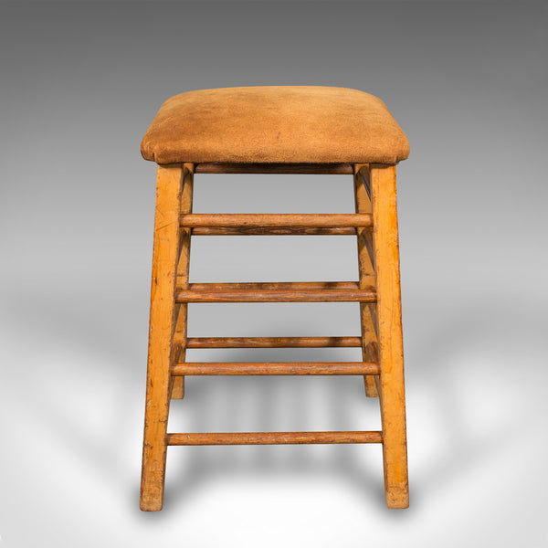 Large Vintage Artist's Stool, English, Pitch Pine, Suede, Gym, Lab Seat, C.1960