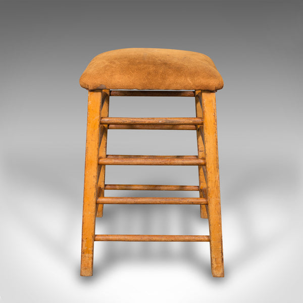 Large Vintage Artist's Stool, English, Pitch Pine, Suede, Gym, Lab Seat, C.1960