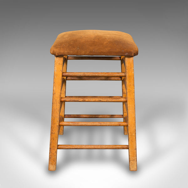 Large Vintage Artist's Stool, English, Pitch Pine, Suede, Gym, Lab Seat, C.1960