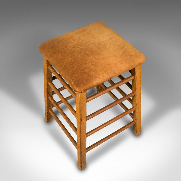 Large Vintage Artist's Stool, English, Pitch Pine, Suede, Gym, Lab Seat, C.1960