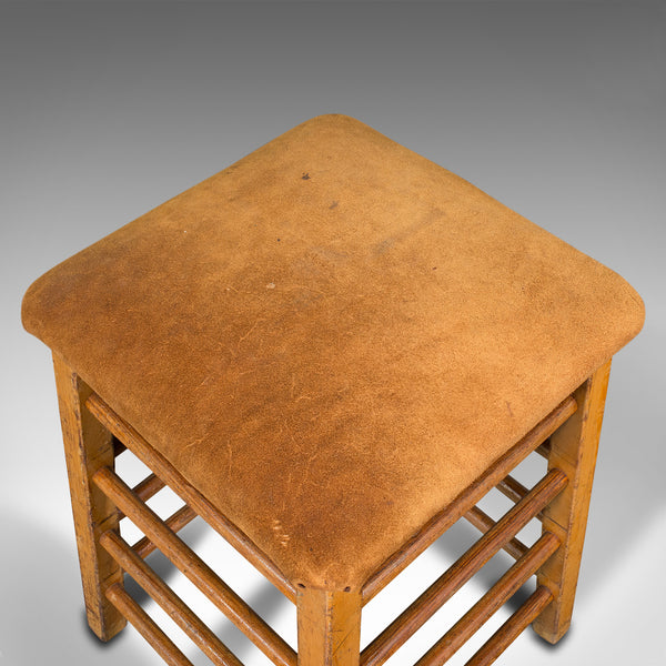 Large Vintage Artist's Stool, English, Pitch Pine, Suede, Gym, Lab Seat, C.1960