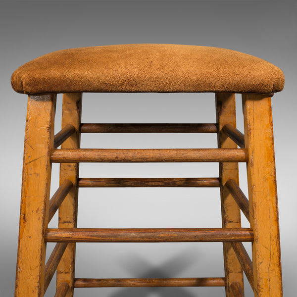 Large Vintage Artist's Stool, English, Pitch Pine, Suede, Gym, Lab Seat, C.1960