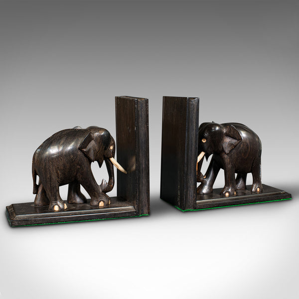 Pair Of Small Antique Elephant Bookends, Anglo Indian, Ebony, Victorian, C.1890