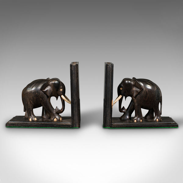 Pair Of Small Antique Elephant Bookends, Anglo Indian, Ebony, Victorian, C.1890