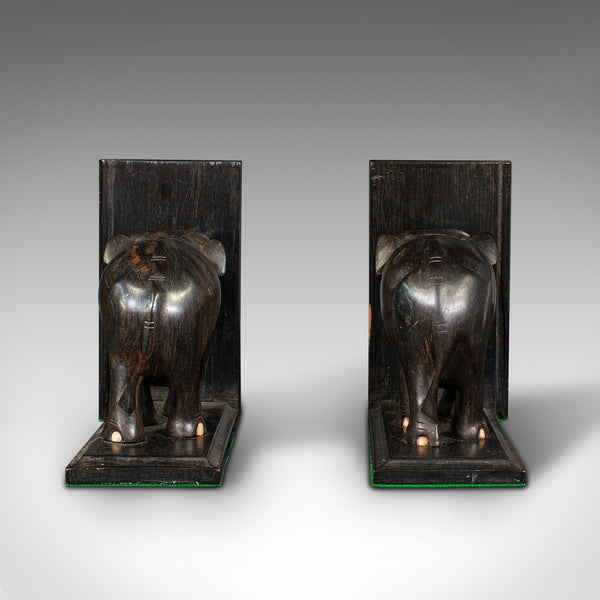 Pair Of Small Antique Elephant Bookends, Anglo Indian, Ebony, Victorian, C.1890