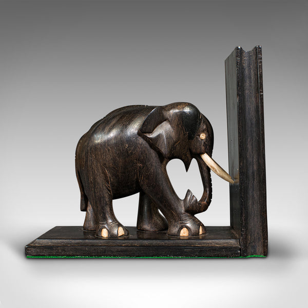 Pair Of Small Antique Elephant Bookends, Anglo Indian, Ebony, Victorian, C.1890