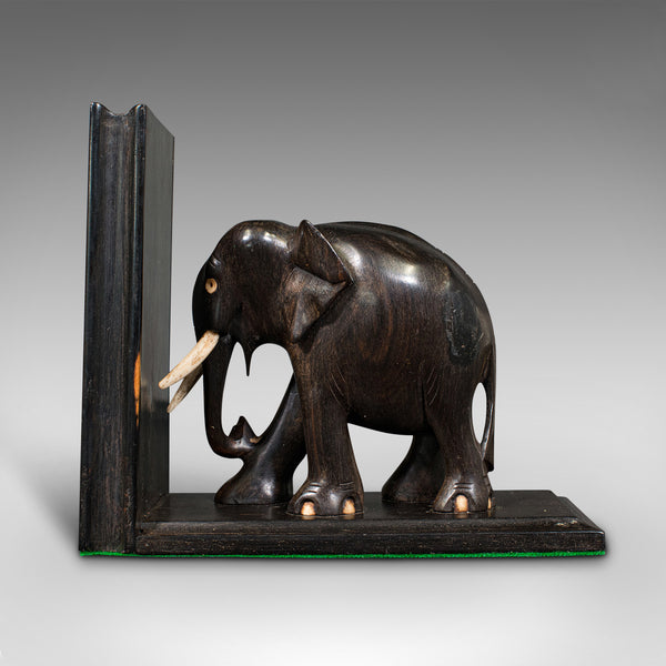 Pair Of Small Antique Elephant Bookends, Anglo Indian, Ebony, Victorian, C.1890