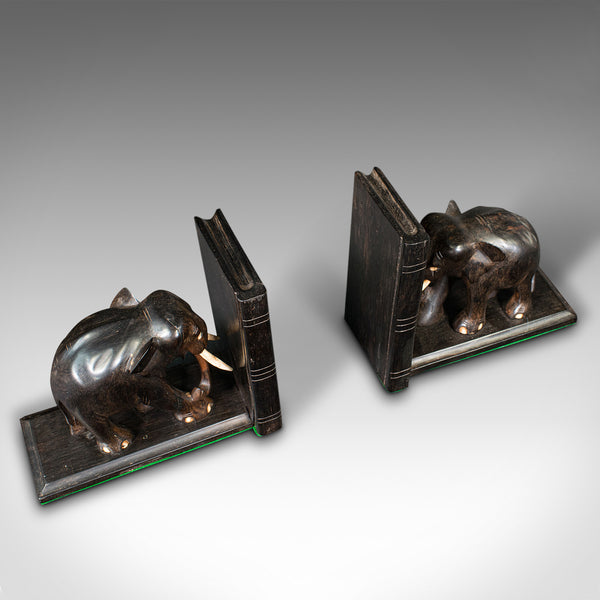 Pair Of Small Antique Elephant Bookends, Anglo Indian, Ebony, Victorian, C.1890