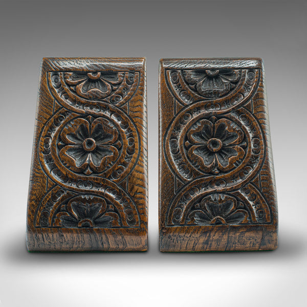 Pair Of Antique Bookends, Scottish, Oak, Decorative Book Rest, Gothic, Victorian