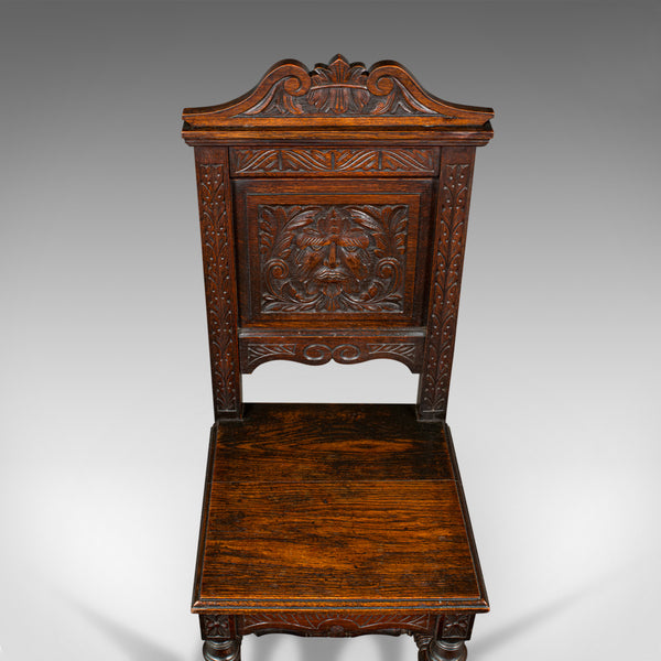 Pair Of Antique Carved Hall Chairs, English Oak, Gothic Revival, Side, Victorian