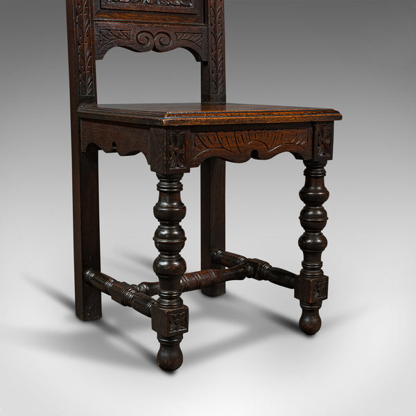 Pair Of Antique Carved Hall Chairs, English Oak, Gothic Revival, Side, Victorian