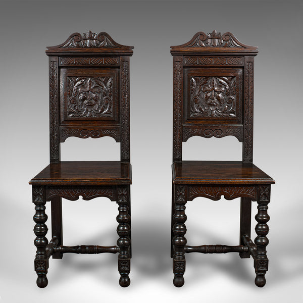 Pair Of Antique Carved Hall Chairs, English Oak, Gothic Revival, Side, Victorian