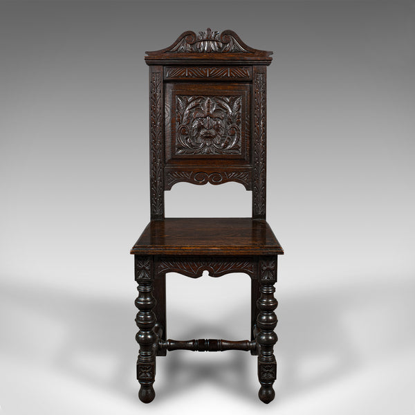 Pair Of Antique Carved Hall Chairs, English Oak, Gothic Revival, Side, Victorian
