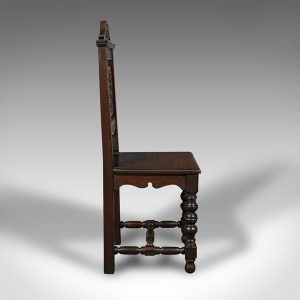 Pair Of Antique Carved Hall Chairs, English Oak, Gothic Revival, Side, Victorian