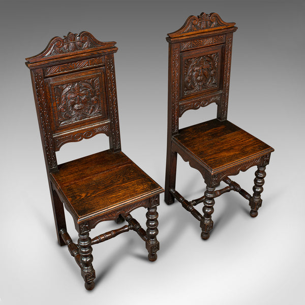 Pair Of Antique Carved Hall Chairs, English Oak, Gothic Revival, Side, Victorian