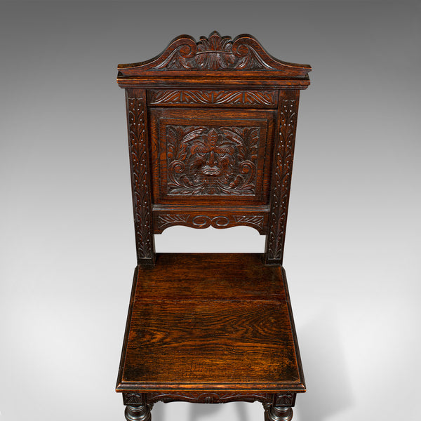 Pair Of Antique Carved Hall Chairs, English Oak, Gothic Revival, Side, Victorian