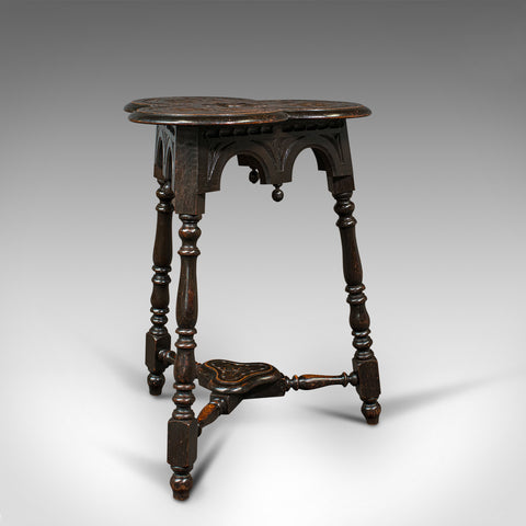 Antique Trefoil Side Table, Scottish, Oak, Wine, Aesthetic Period, Victorian