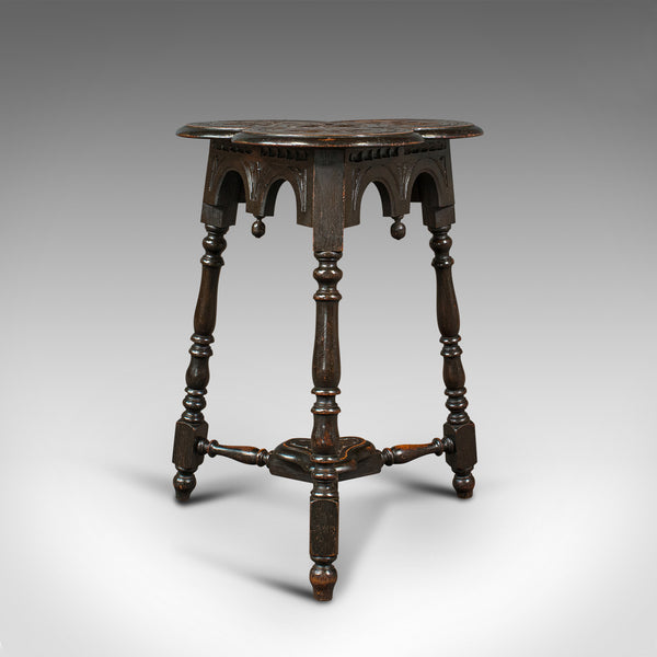Antique Trefoil Side Table, Scottish, Oak, Wine, Aesthetic Period, Victorian