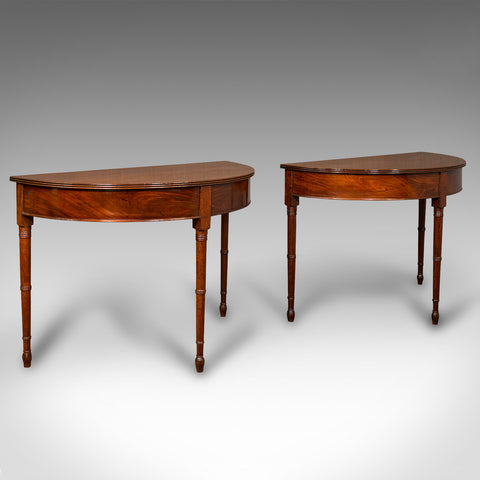 Pair Of Antique Demi Lune Side Tables, English, Drum, Console, Georgian, C.1800
