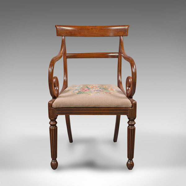 Antique Elbow Chair, English, Armchair, Needlepoint, Drop In Seat, Late Georgian