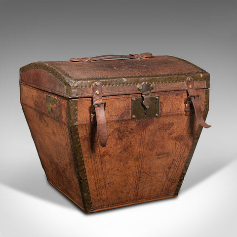 Antique Touring Hat Box, French, Leather, Brass, Travel Case, Victorian, C.1850