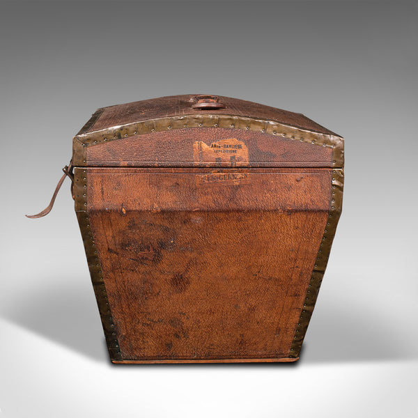 Antique Touring Hat Box, French, Leather, Brass, Travel Case, Victorian, C.1850