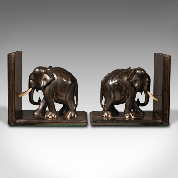 Pair Of Antique Elephant Bookends, Anglo Indian, Ebony, Decorative, Book Rest
