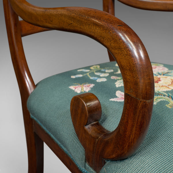 Antique Scroll Arm Desk Chair, English, Armchair, Needlepoint, Regency, C.1820