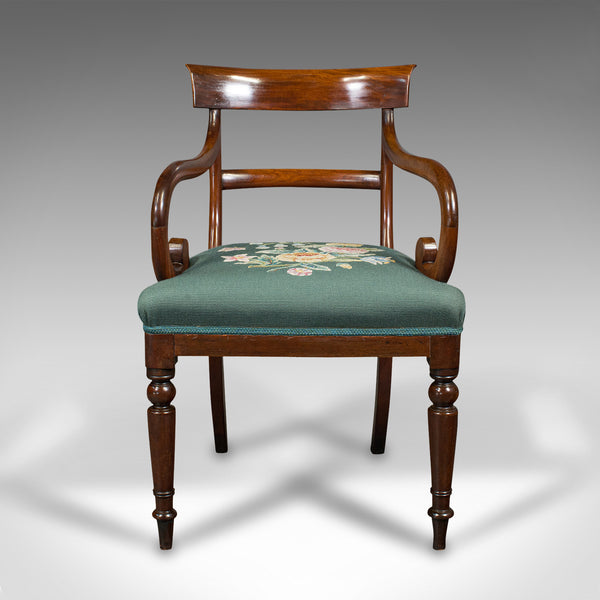 Antique Scroll Arm Desk Chair, English, Armchair, Needlepoint, Regency, C.1820