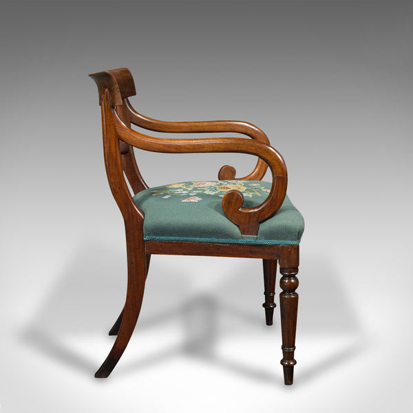 Antique Scroll Arm Desk Chair, English, Armchair, Needlepoint, Regency, C.1820