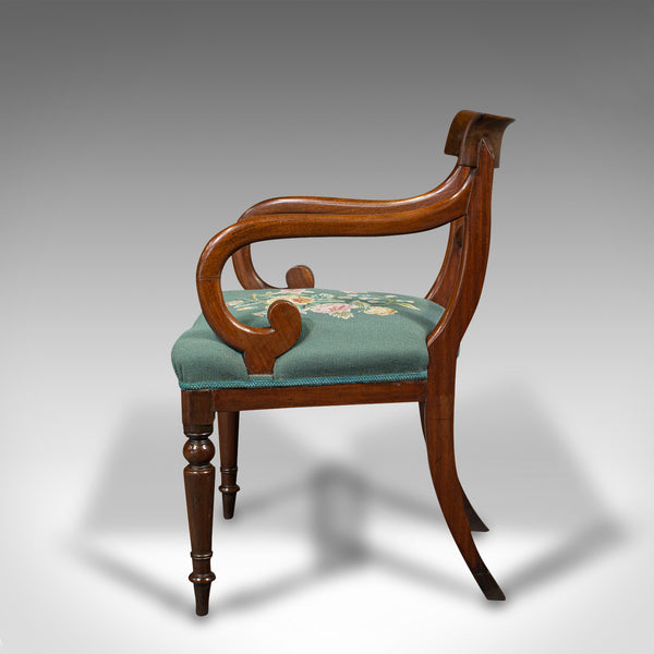 Antique Scroll Arm Desk Chair, English, Armchair, Needlepoint, Regency, C.1820