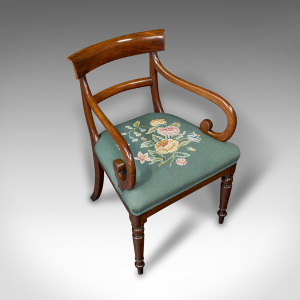 Antique Scroll Arm Desk Chair, English, Armchair, Needlepoint, Regency, C.1820