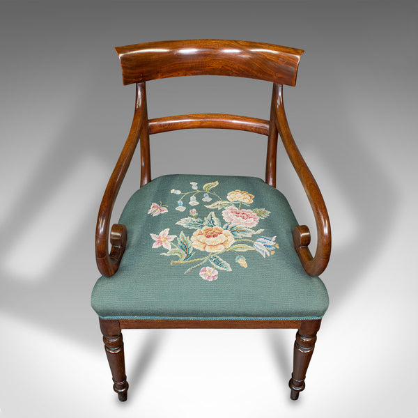 Antique Scroll Arm Desk Chair, English, Armchair, Needlepoint, Regency, C.1820