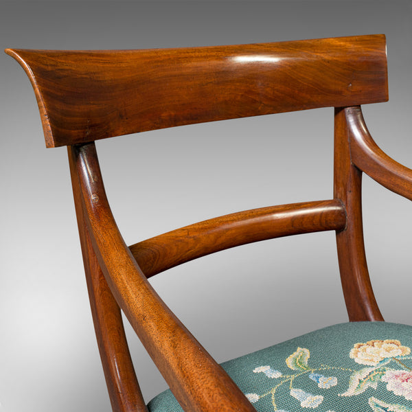 Antique Scroll Arm Desk Chair, English, Armchair, Needlepoint, Regency, C.1820