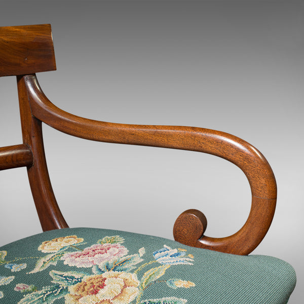 Antique Scroll Arm Desk Chair, English, Armchair, Needlepoint, Regency, C.1820