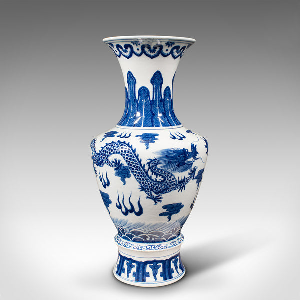 Tall Vintage White & Blue Vase, Chinese, Ceramic, Decorative, Flower, Art Deco